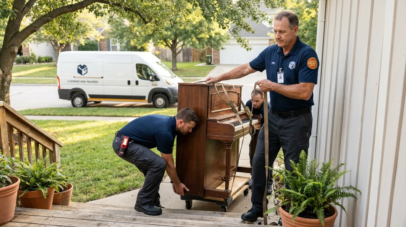 Licensed piano movers securing grand piano in Russellton, PA