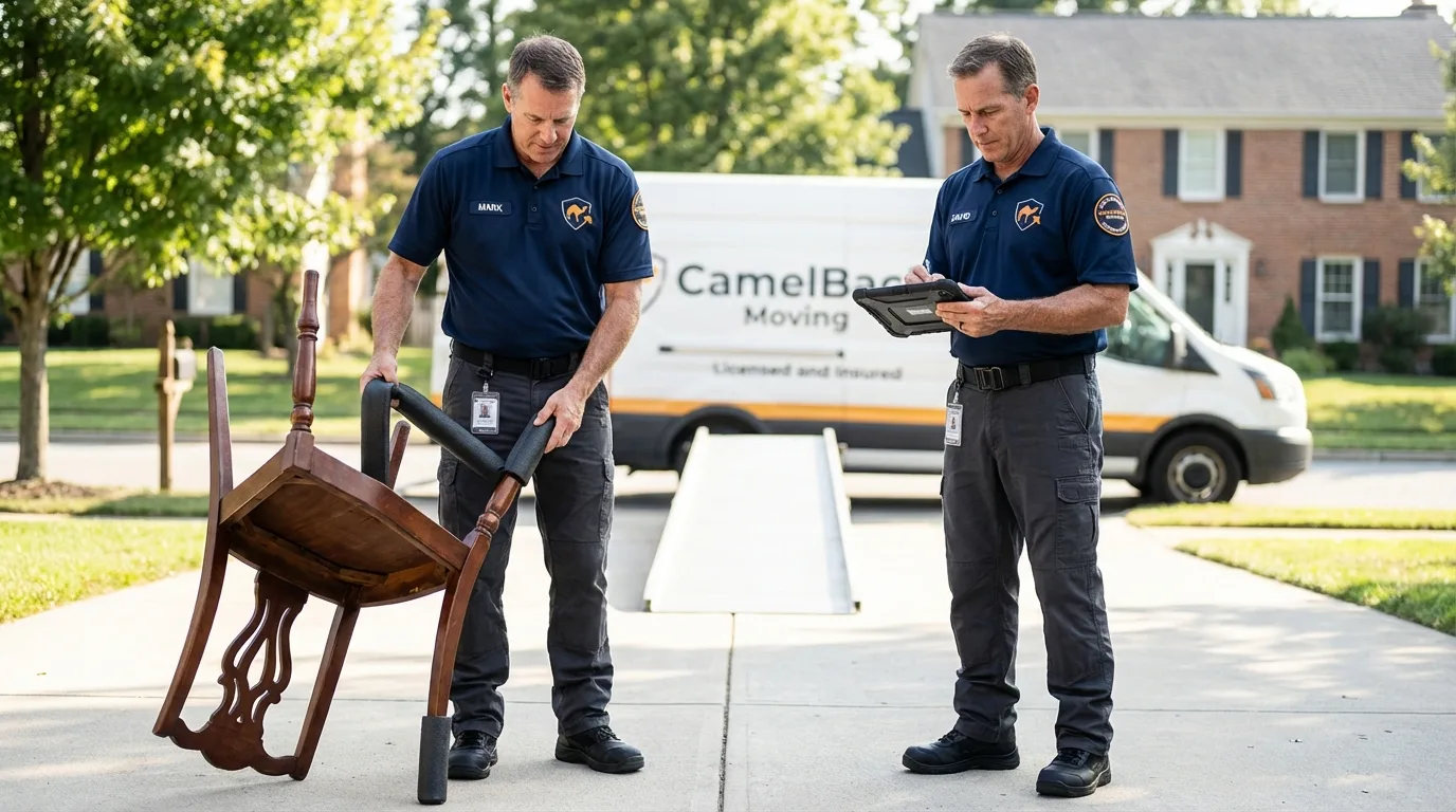 Movers inspecting furniture for damage prevention before loading in Russellton, PA