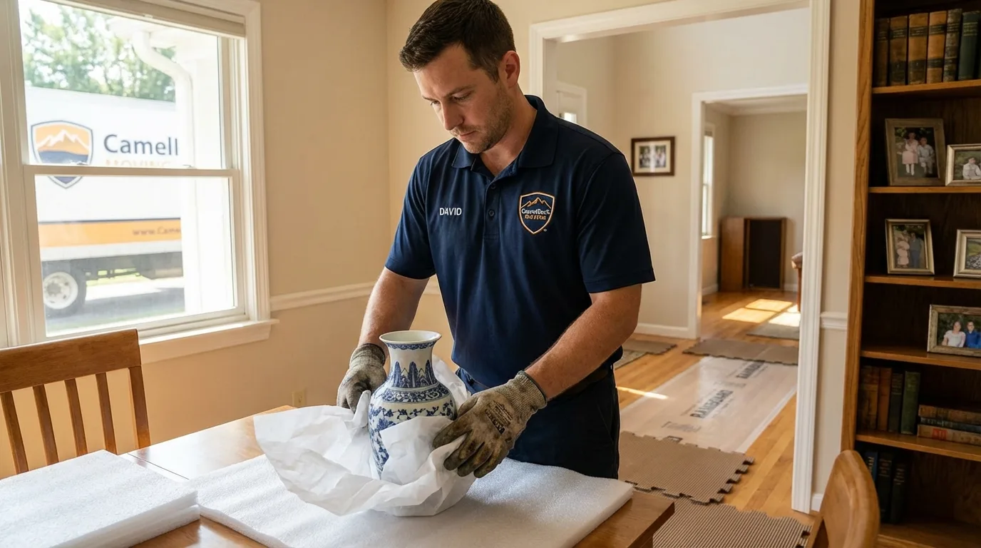 Professional crew carefully wrapping antique vase for senior downsizing move in Russellton, PA